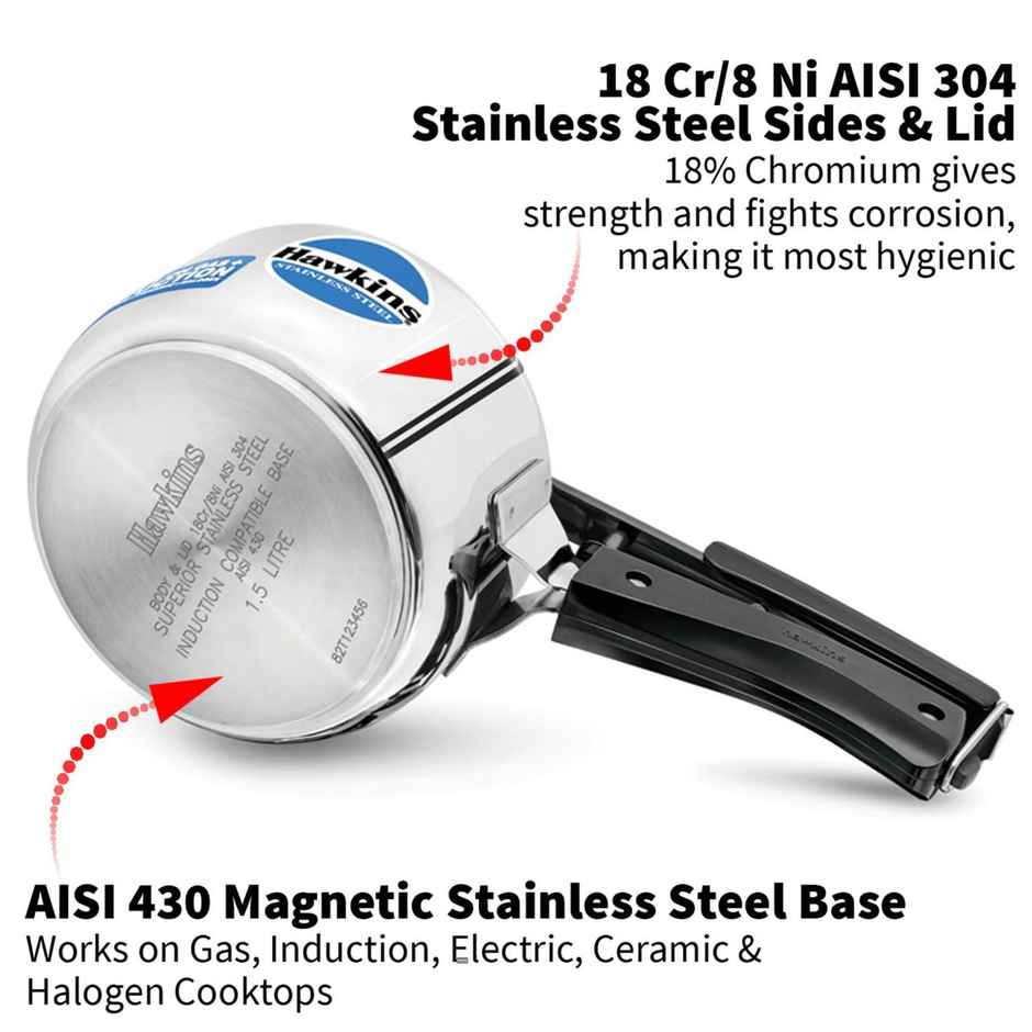 Hawkins 1.5 Litre Pressure Cooker, Stainless Steel Inner Lid, Induction Cooker, Silver (Hss15)