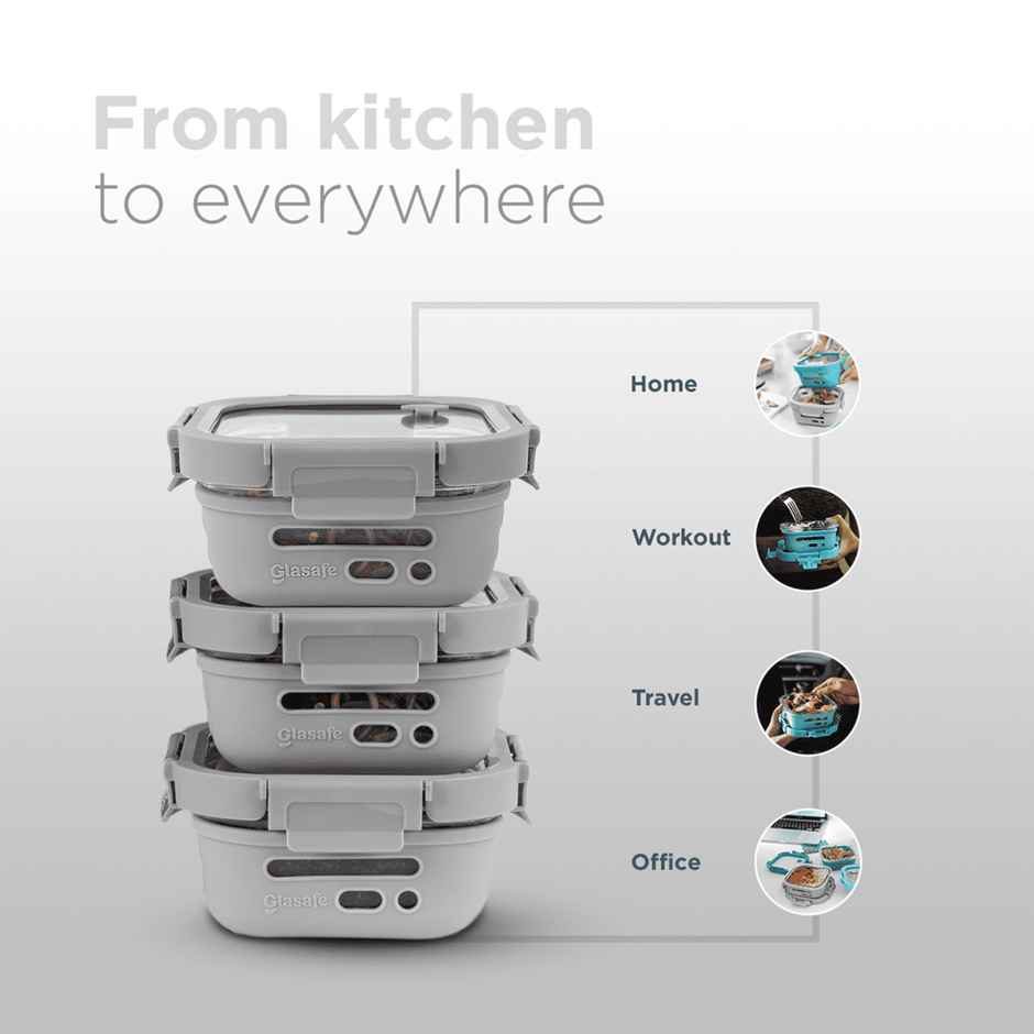 Glasafe Fresh Grip Borosilicate Glass Tiffin With Protective Silicone Sleeve (Soothing Slate) 520Ml