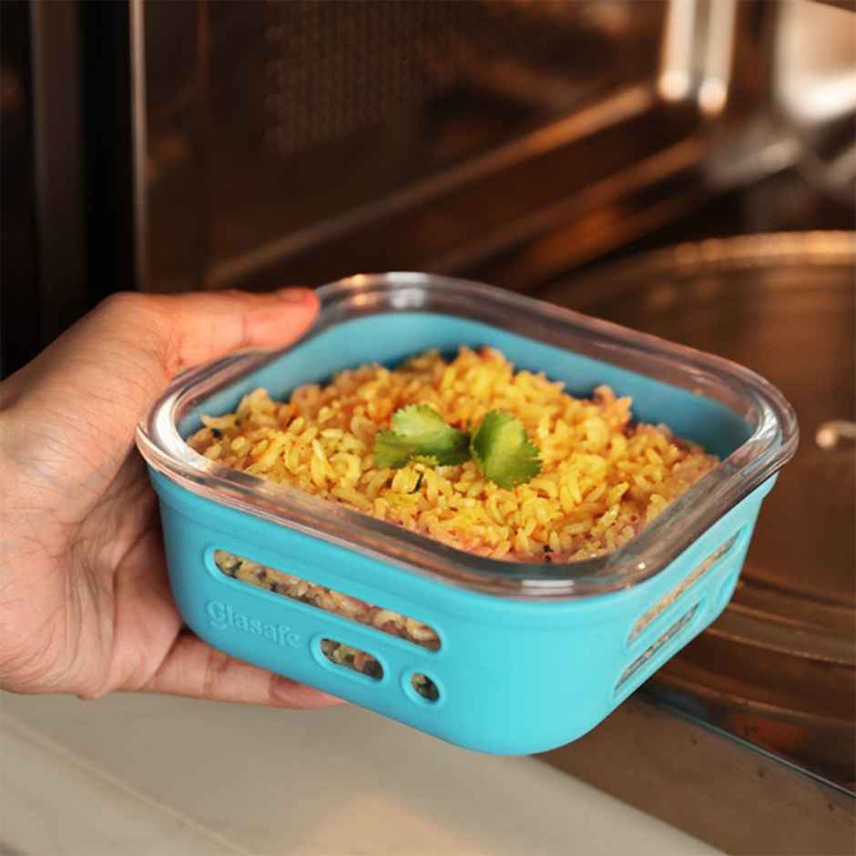 Glasafe Fresh Grip Borosilicate Glass Tiffin With Protective Silicone Sleeve (Mellow Mist) 520Ml