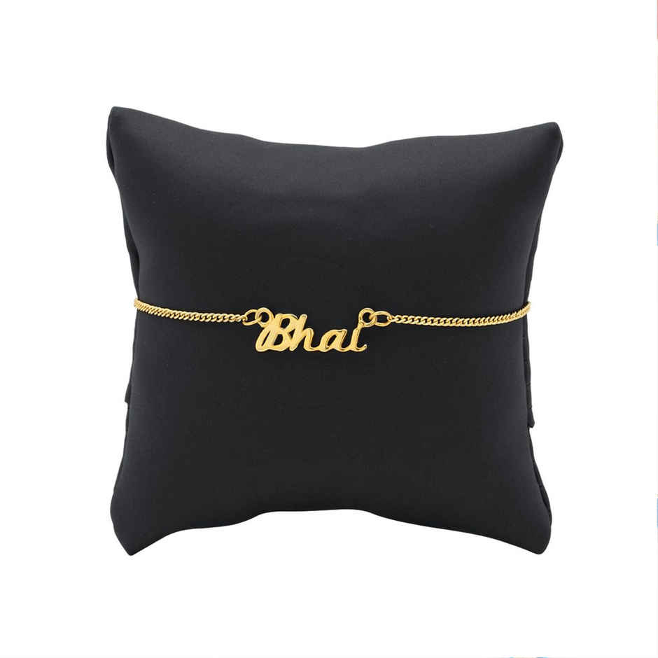 Gold-Toned Rakhi Bracelet Engraved with The Word 'Bhai' with Roli Chaawal Pack (Voylla)