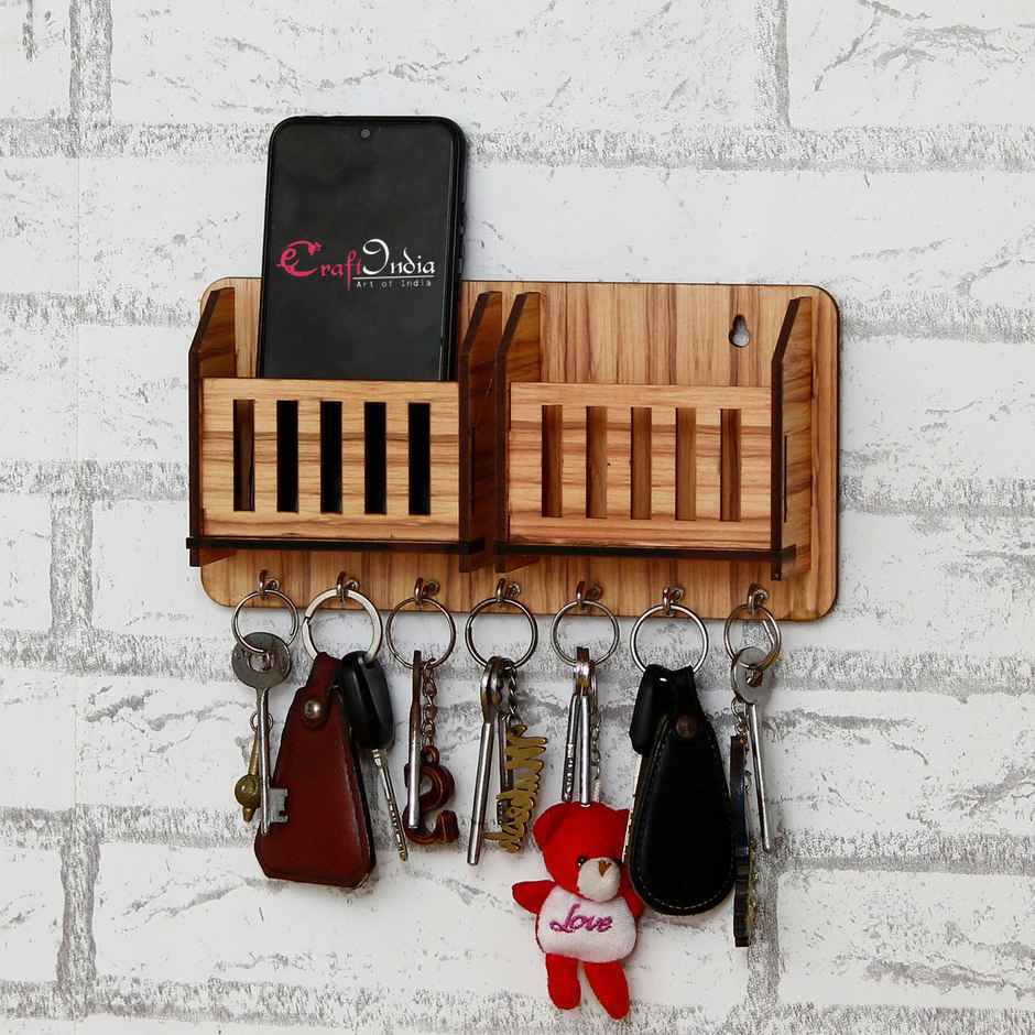 eCraftIndia Brown Multiutility 7 Hooks Wooden Key Holder And Mobile Holder