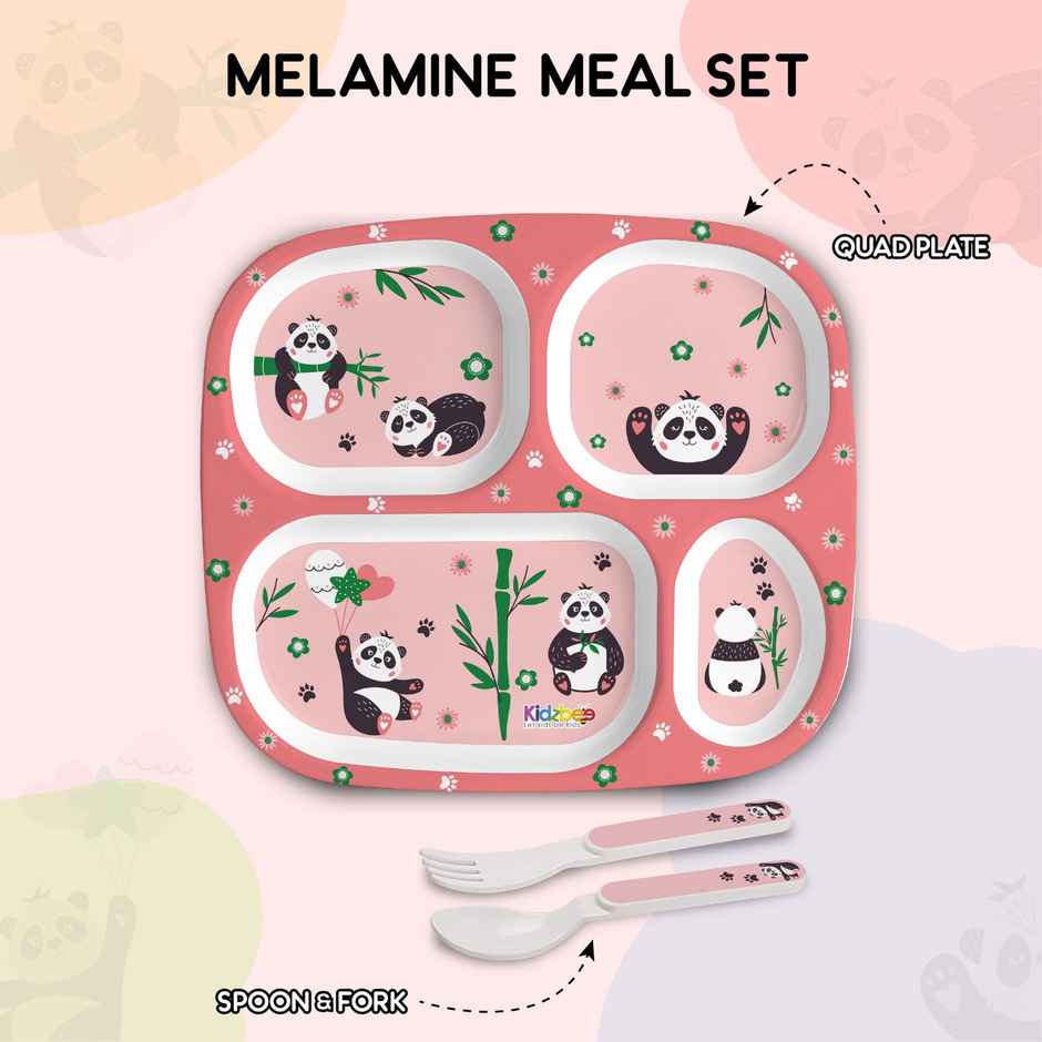Cello Kidzbee Quadmeal Bamboo Buddies Melamine Meal Set for Kids | Set of 3, Peach