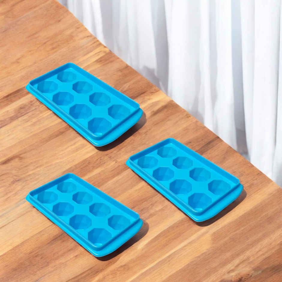 Ice Cube tray with Removable lid Plastic (Pack of 3) (Blue)