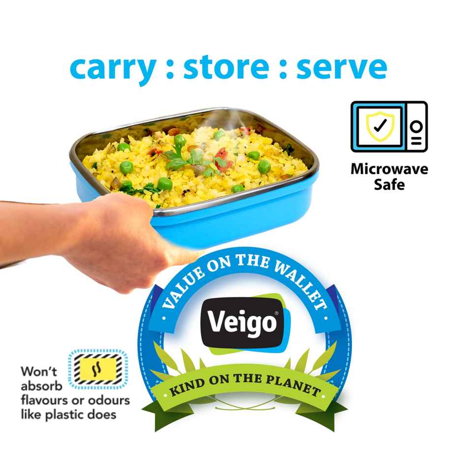 Veigo Heatup Large - Microwave Safe Stainless Steel Leakproof Tiffin Box (630Ml) Fresh Blue