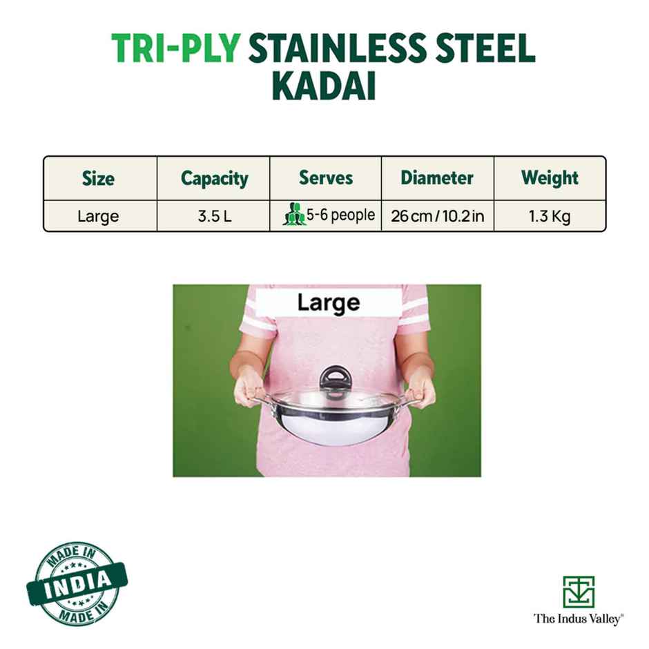 The Indus Valley Triply Stainless Steel Kadai with Glass Lid | Large 26cm/10.2 inch, 3.5L, 1.3kg