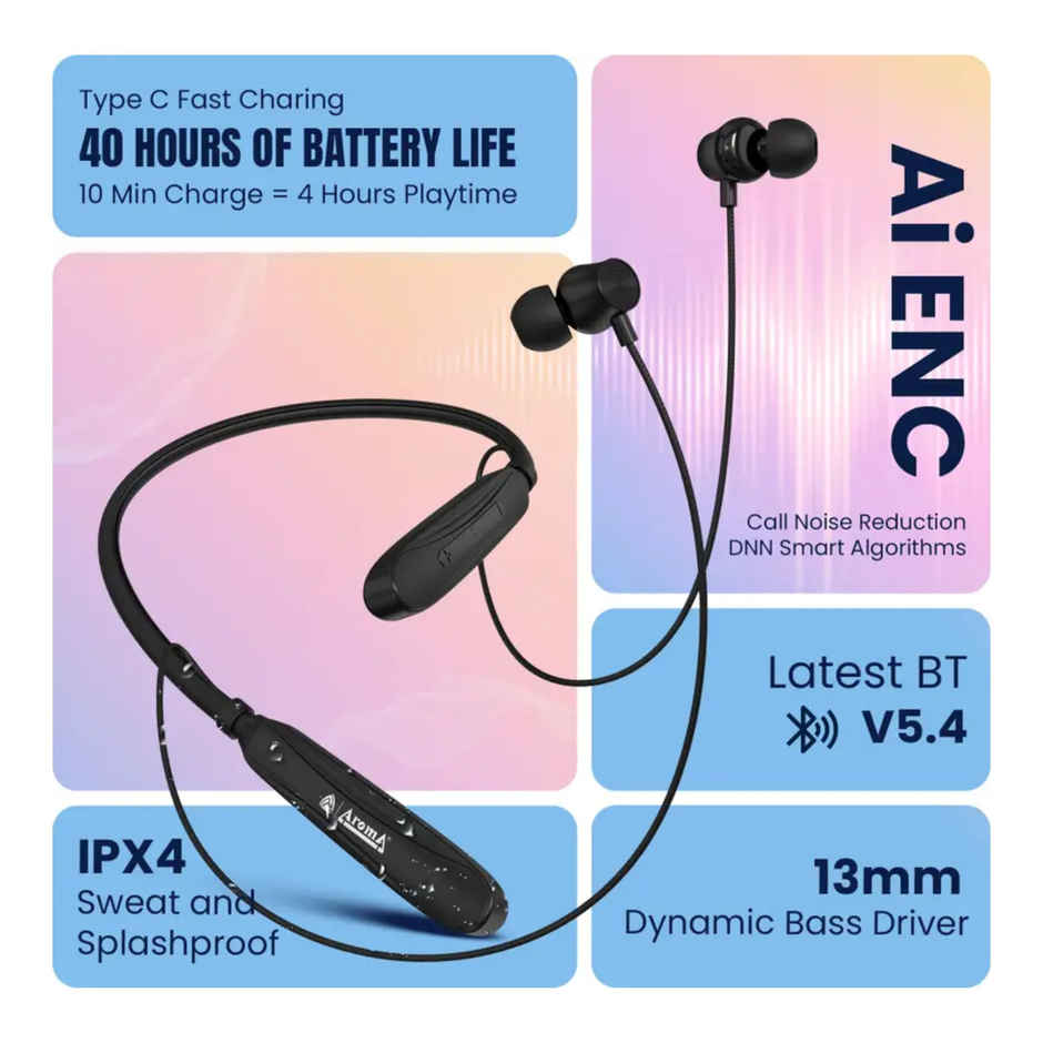Aroma Nb120 Banner Upto 40h Playtime I Enc I Fast Charging I Dual Pairing Neckband Bluetooth