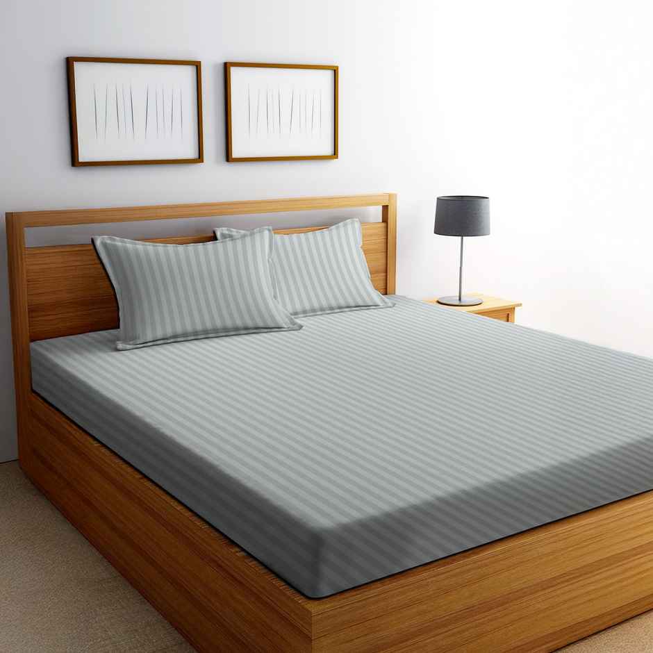 Dream Living Solid Stripe King Bedsheet | With 2 Pillow Covers | Grey | 108 x 108 in
