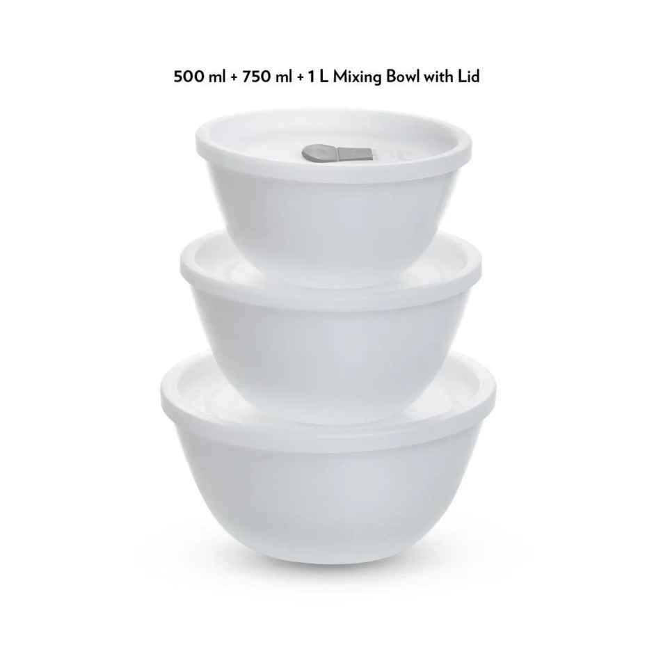 Larah By Borosil Opalware Mixing Bowl 6 Pcs Set With Lid (500Ml X 1 + 750Ml X 1 + 1000Ml X 1), White