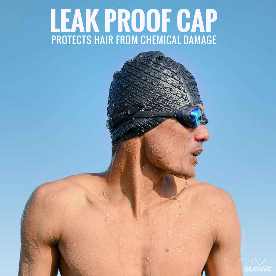 Slovic Embossed Swimming Cap - Stretchable Silicone for Men & Women - Skin Friendly - Free Size | Black