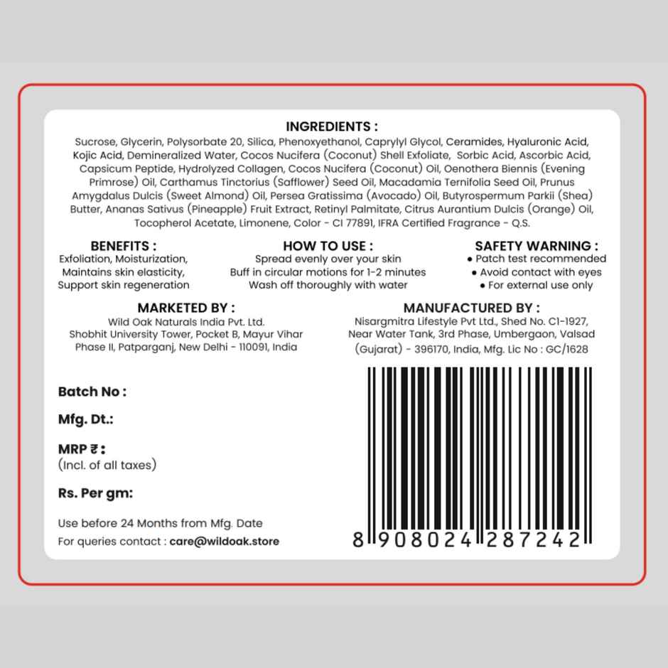 Wild Oak Pina Colada Shea Butter Sugar Body Scrub with Collagen & Peptides | De-tan & Bumpy Skin