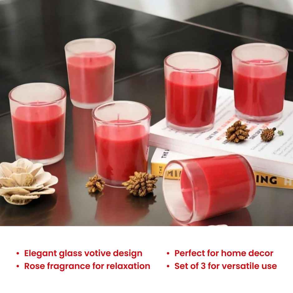 Scented Glass Votive Candles | Rose | Pack of 3 | Samsidhi