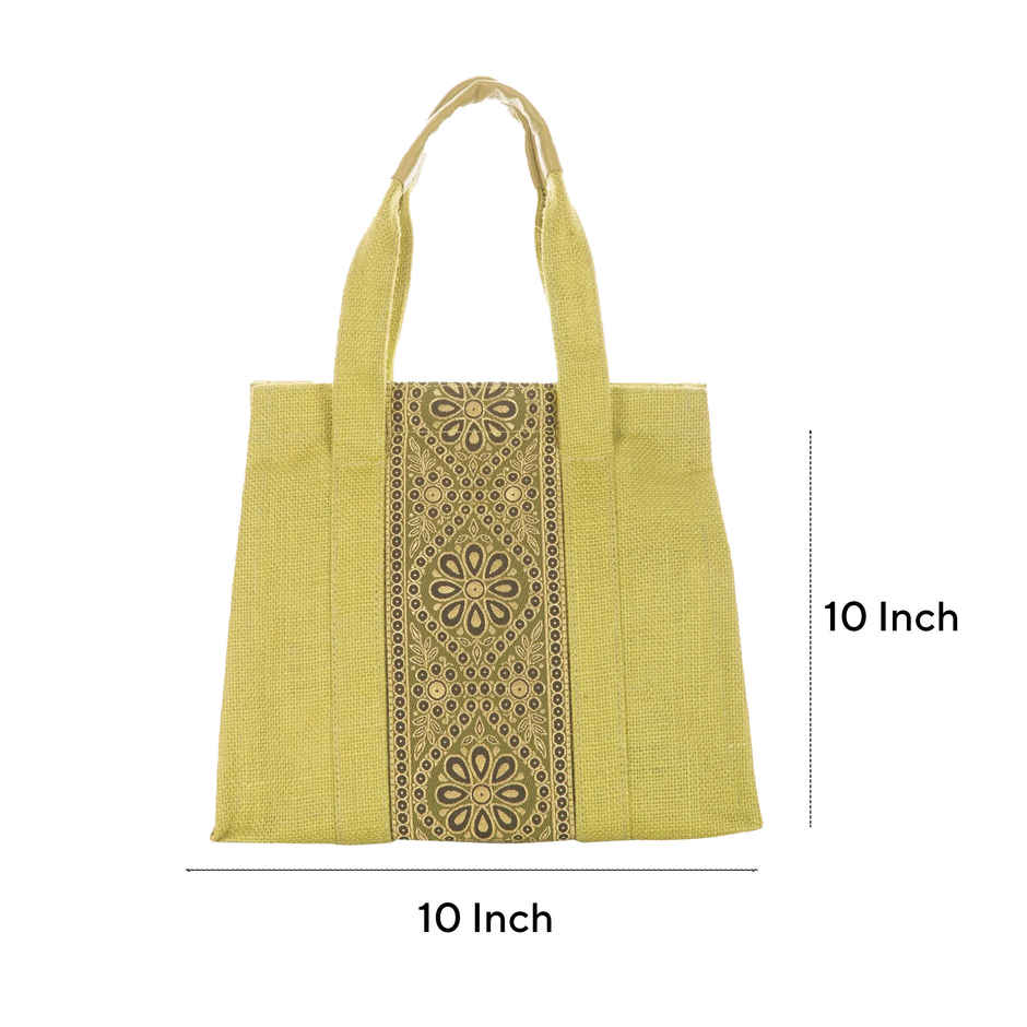 Jute Cottage Carry Bag - Zipper Lunch Bag | Eco-friendly | Stylish Jute Bag | Green | 10 x 10 x 6