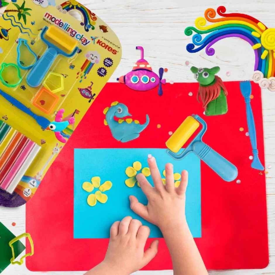 Kores Modelling Clay | 12 Shades | 4 Moulds | 1 Roller | Creative Fun