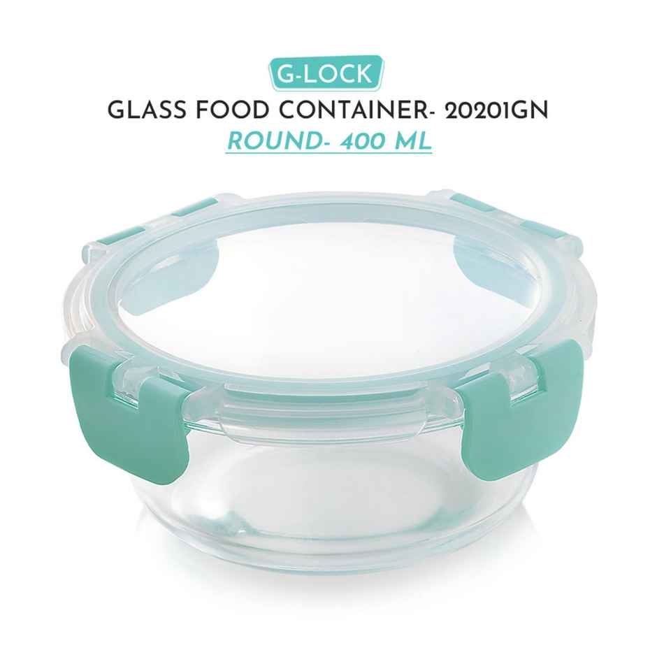 Magnus Glock 400 ml Round Green Container with Airtight Lid & Detachable Lock, Borosilicate Glass