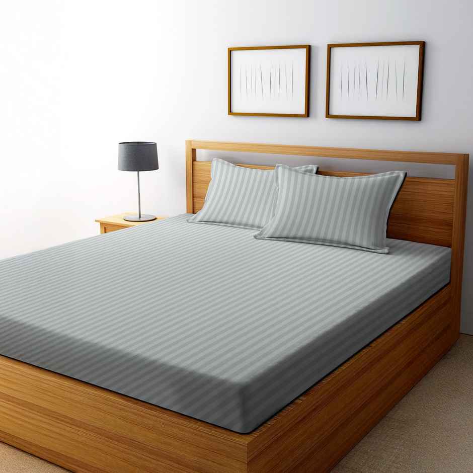 Dream Living Solid Stripe King Bedsheet | With 2 Pillow Covers | Grey | 108 x 108 in