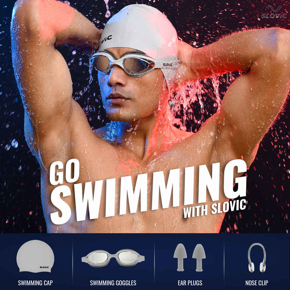 Slovic Swimming Kit with Goggles & Cap - Anti-Fog Comfortable Fit, Leak-Proof Frame - Grey