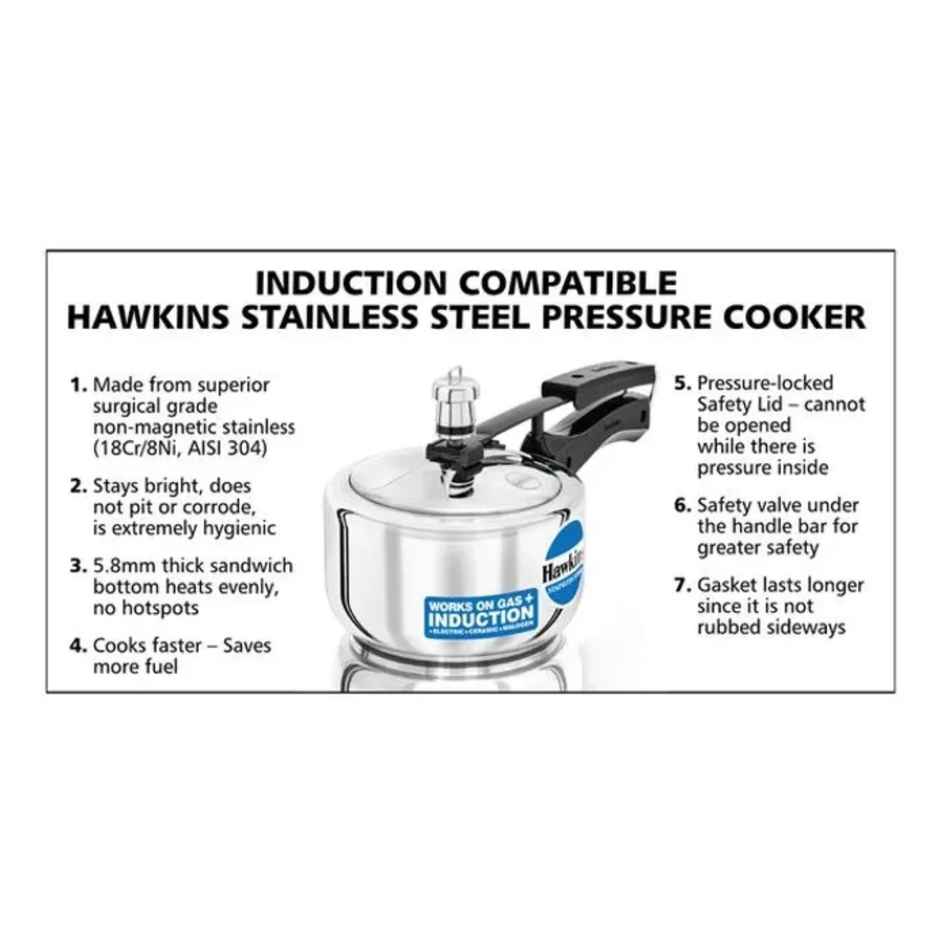 Hawkins 1.5 Litre Pressure Cooker, Stainless Steel Inner Lid, Induction Cooker, Silver (Hss15)