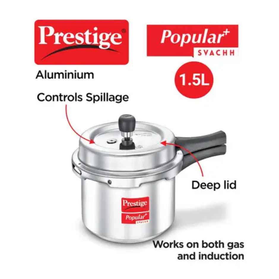 Prestige Aluminium Outer Lid Popular Plus Svachh Spillage Control Pressure Cooker, 5 L (Silver)