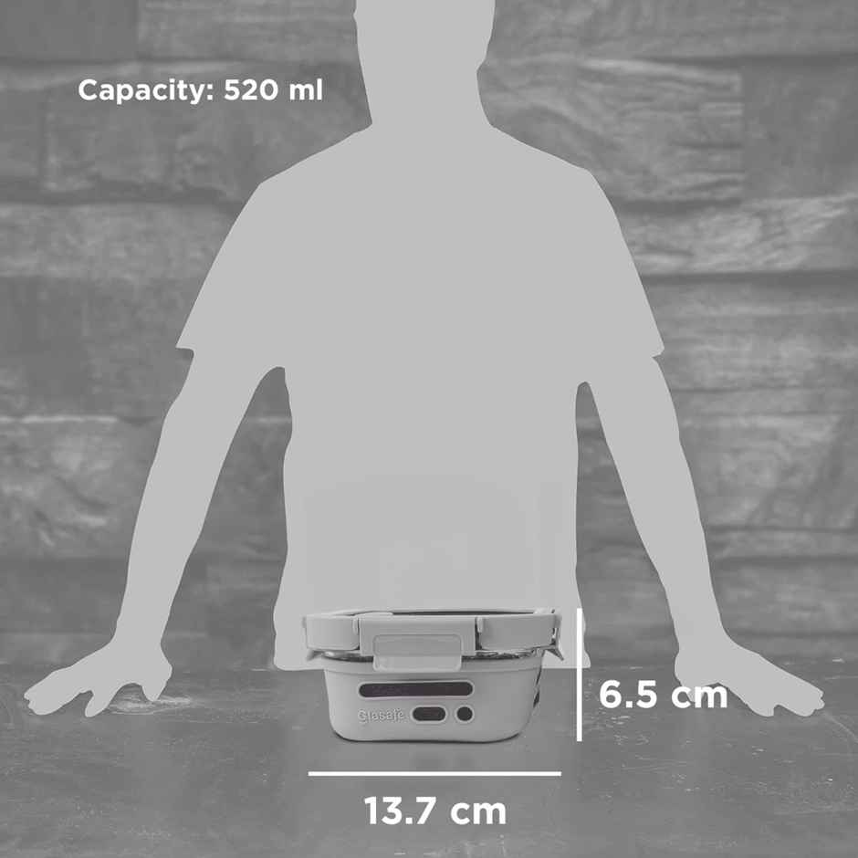 Glasafe Fresh Grip Borosilicate Glass Tiffin With Protective Silicone Sleeve (Soothing Slate) 520Ml