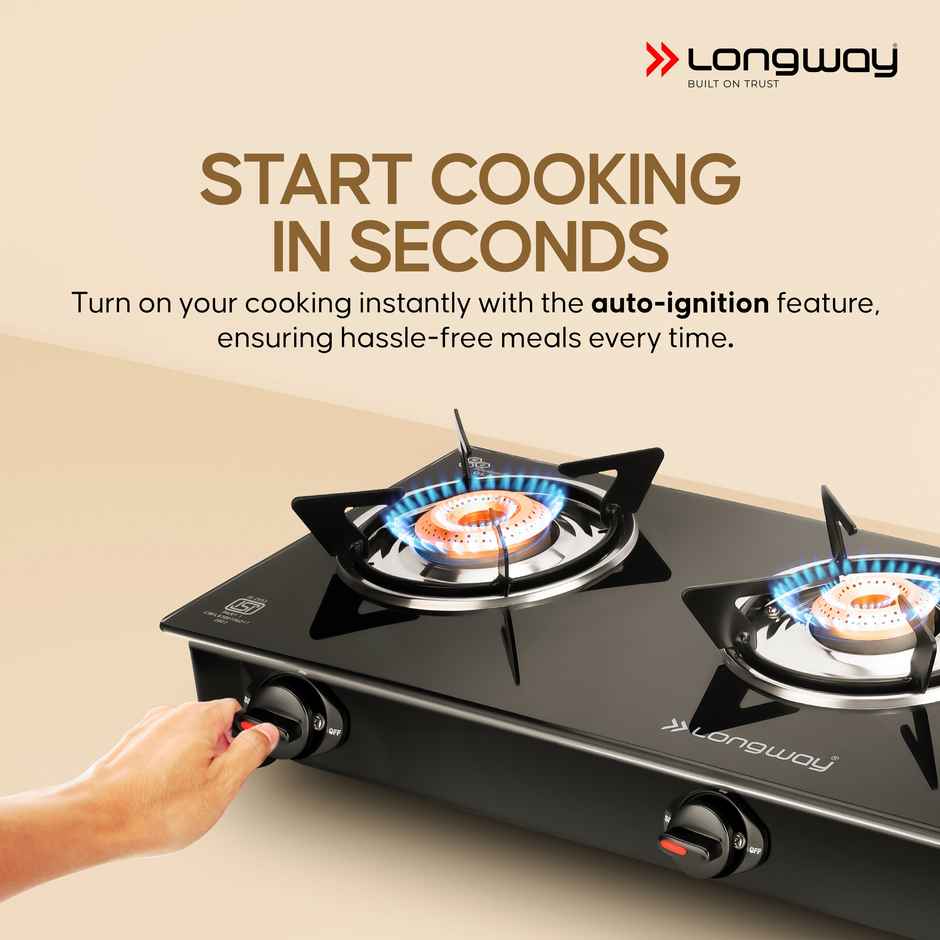 Longway 3 Burner Furn Glass Top | Auto Ignition Glass Gas Stove | ISI Certified | Black