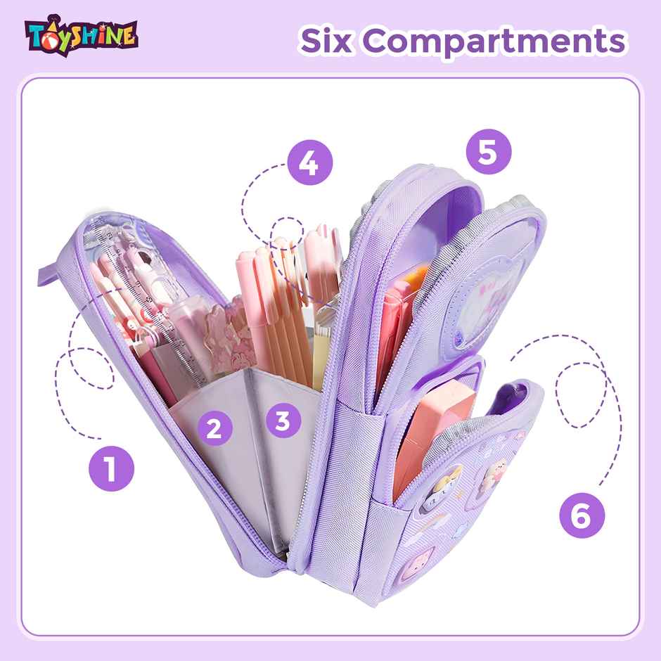 Toyshine 3 Layer Large Capacity Handheld Multifunctional Pencil Pouch for School Kids | Purple