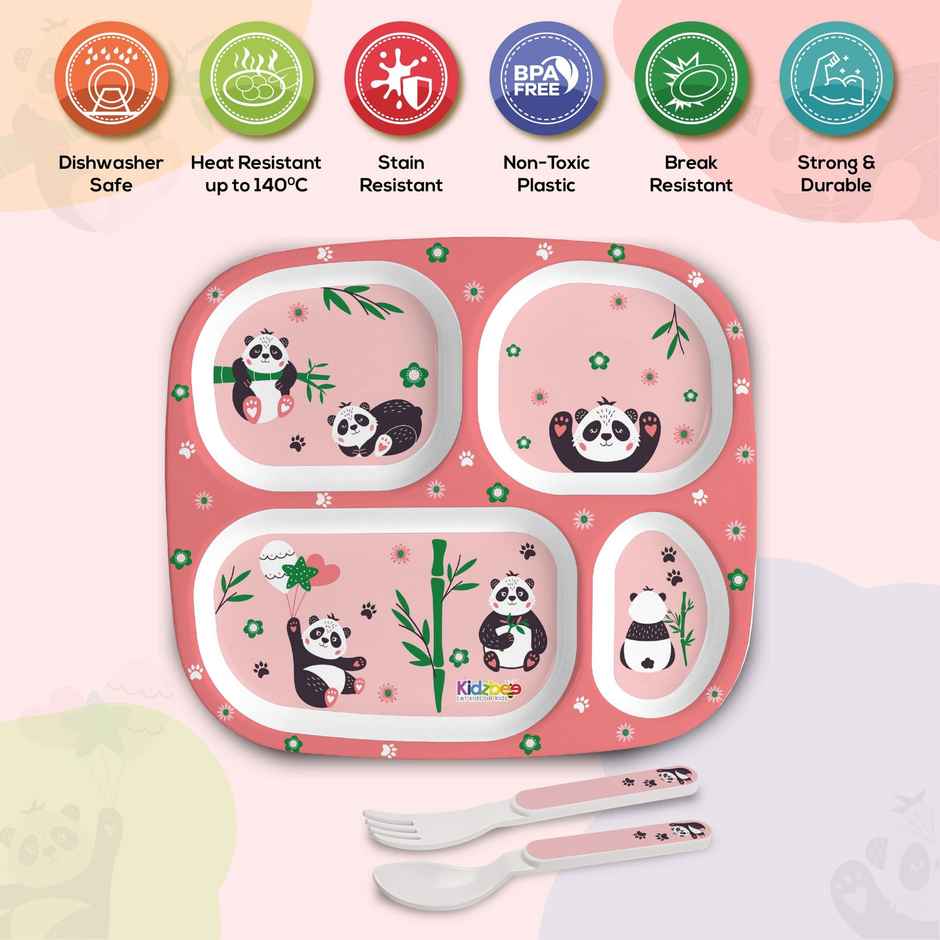 Cello Kidzbee Quadmeal Bamboo Buddies Melamine Meal Set for Kids | Set of 3, Peach