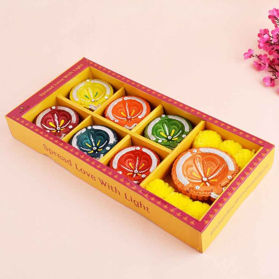 Designer Multicolor Clay Diya | 6+1 | Designer Diya | Satvik