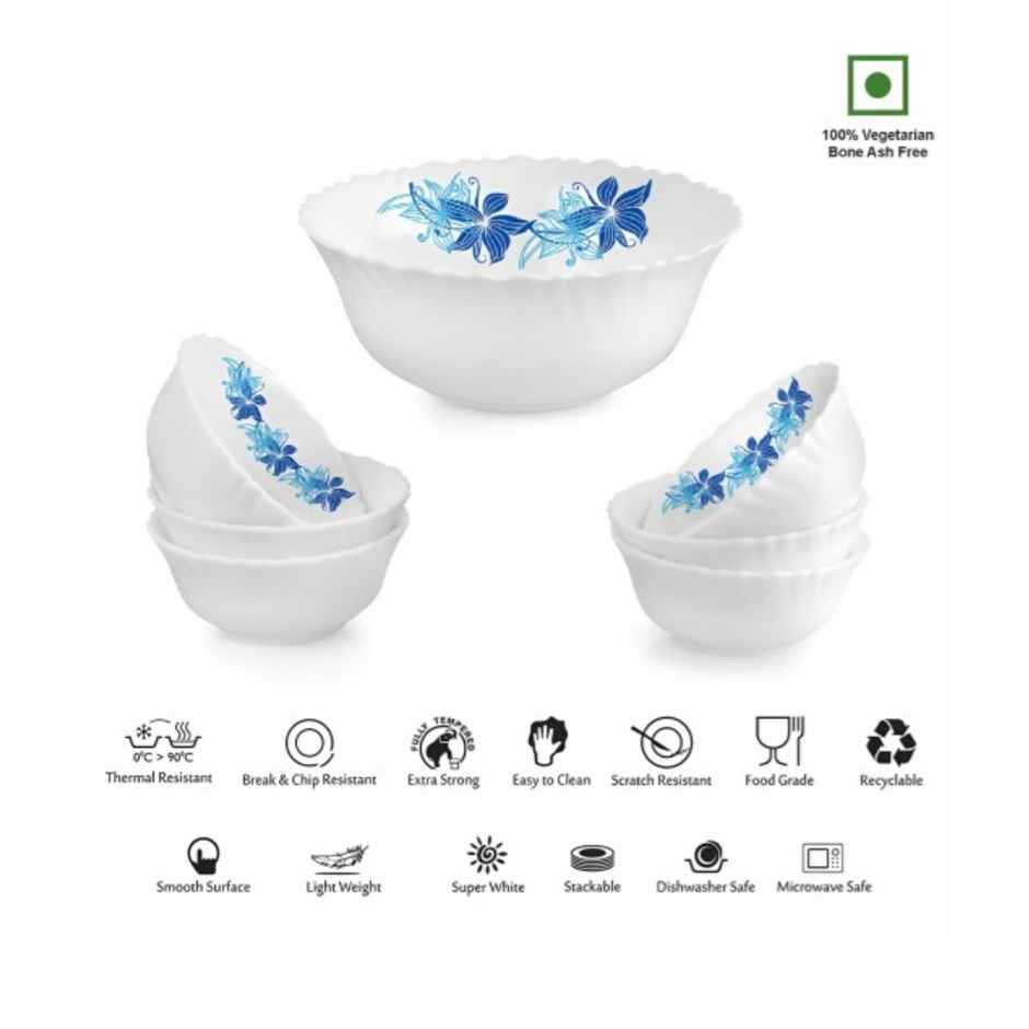 Cello Blue Swirl Dazzle Series Opalware Pudding Set Microwave & Dishwasher Safe Set Of 7 White