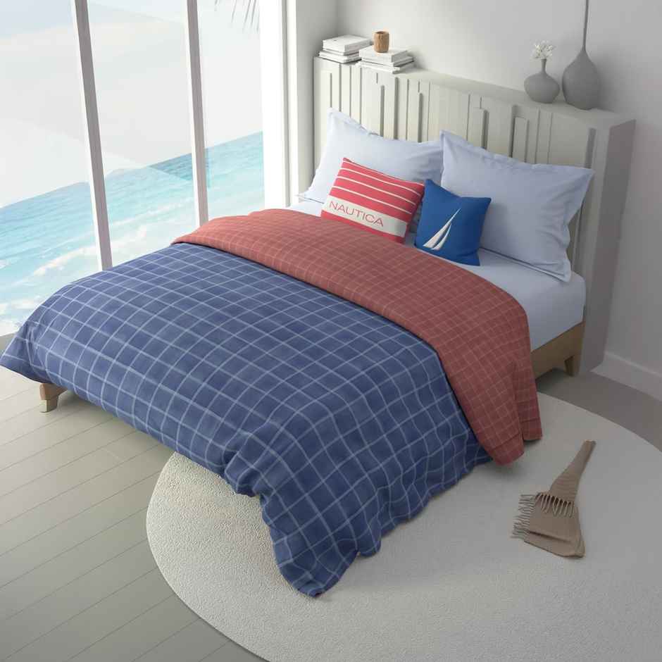 Nautica 100% Premium Cotton Fabric Comforter for All Weather | Double | Ocean Checks | Blue, Coral