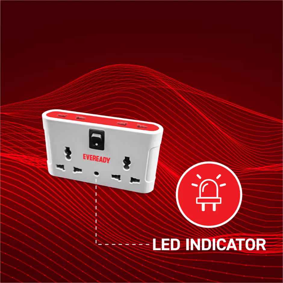 Eveready EverProtect Multiplug i4 With LED Indicator, Fire Retardant Body, 240V, 6A Max, (For Mobile Charging & 2 pin)  - 1 Pcs