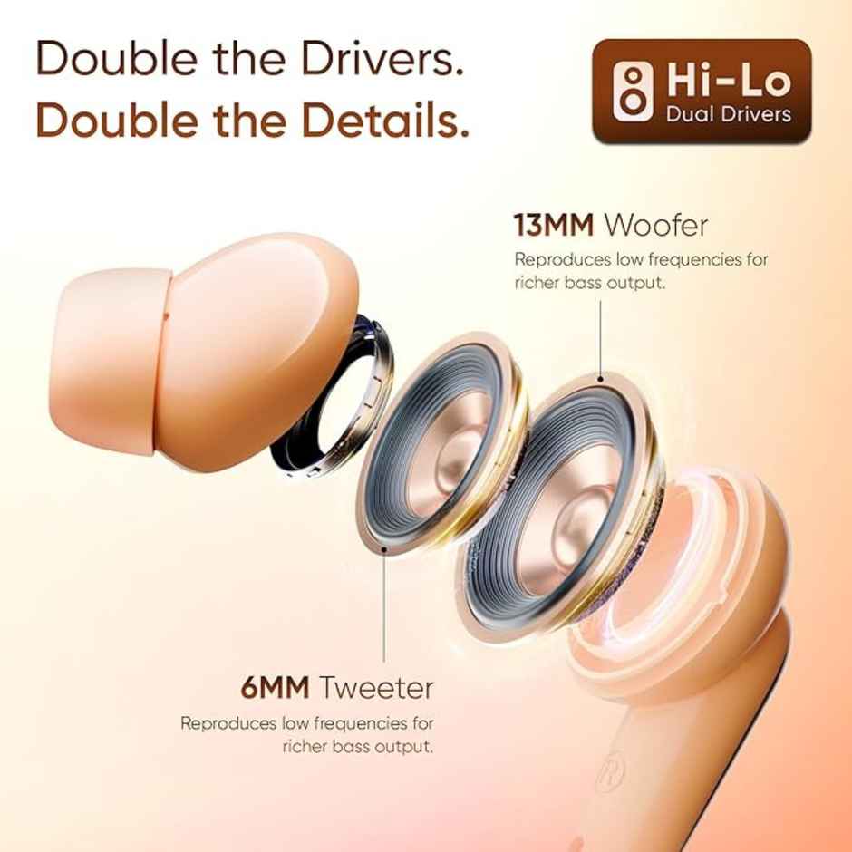 Mivi Superpods Dueto (Flagship Launch), Dual Drivers, 13Mm Woofer, 6Mm Tweeter Earbuds Bluetooth-Peach