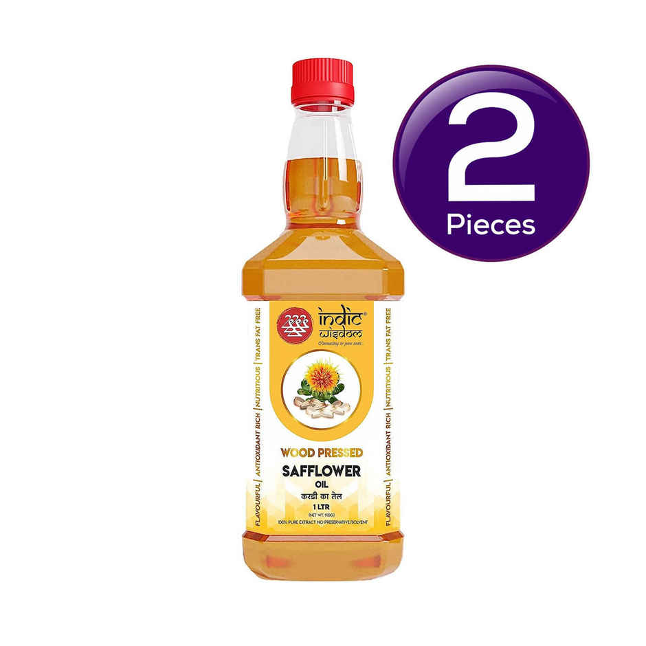 Indic Wisdom Wood Pressed Safflower Oil | Cold Pressed - Extracted on Wooden Churner Combo