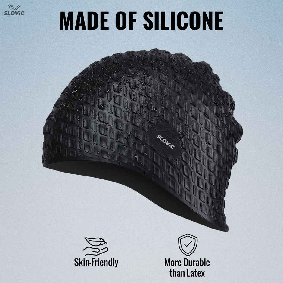 Slovic Embossed Swimming Cap - Stretchable Silicone for Men & Women - Skin Friendly - Free Size | Black