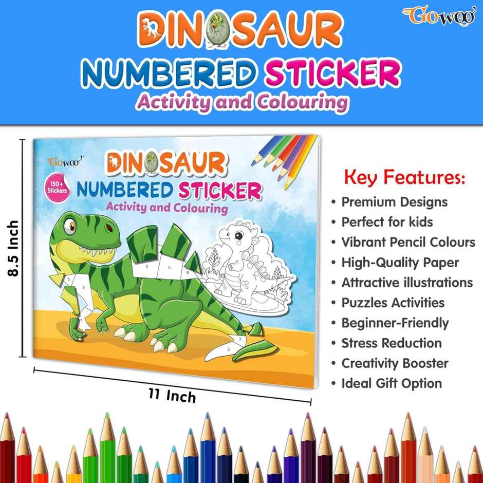 Dinosaur Numbered Sticker Activity and Colouring Book for Age 3+ Kids - Kids Sticker Activity Book