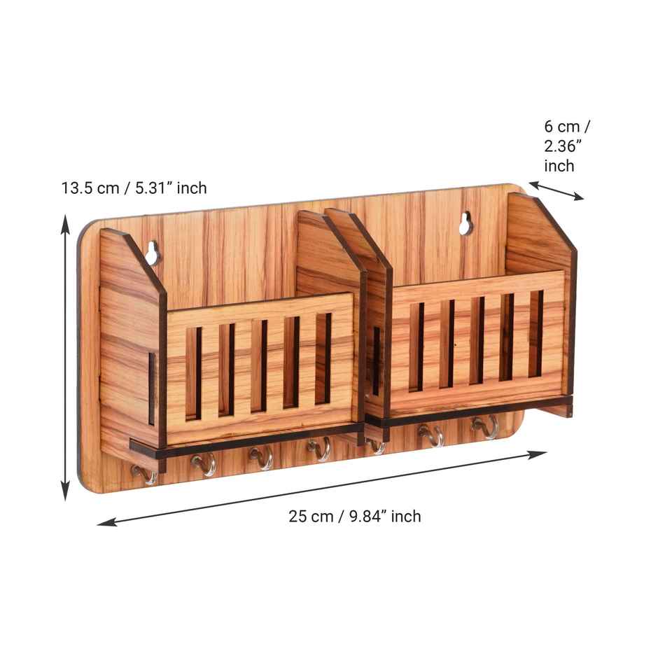 eCraftIndia Brown Multiutility 7 Hooks Wooden Key Holder And Mobile Holder