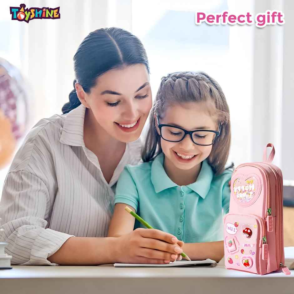 Toyshine 3 Layer Large Capacity Handheld Multifunctional Pencil Pouch for School Kids - Pink