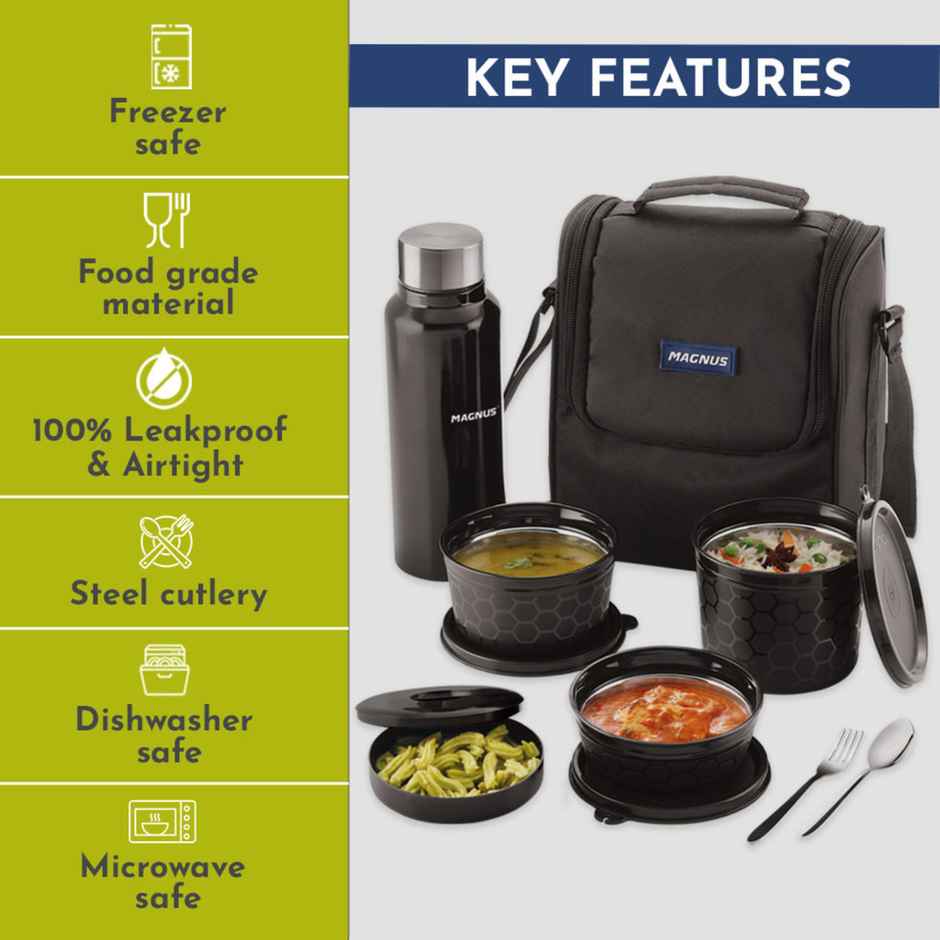 Magnus Microwave Eva 5 Lunch Box ( Black ) - 3 Containers, 1 Small Box, 1 Bottle, Cutlery Stainless