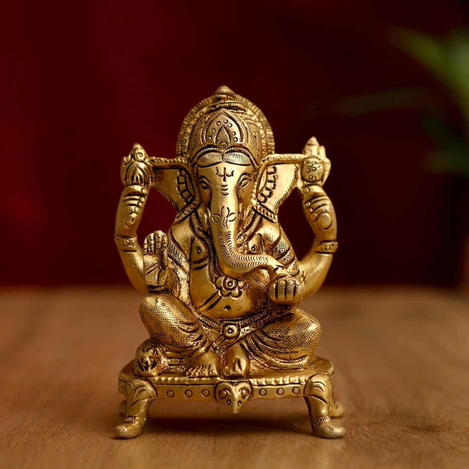 Ganesh Ji Brass Idol On Square Chowki Small Size | Devnidhi