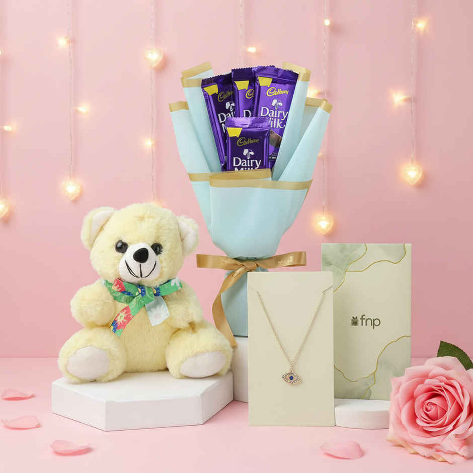 Teddy, Chocolate & Necklace Curated Gift Hamper | Ideal for Gifting | FNP