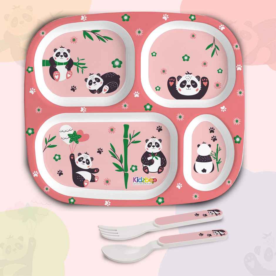 Cello Kidzbee Quadmeal Bamboo Buddies Melamine Meal Set for Kids | Set of 3, Peach