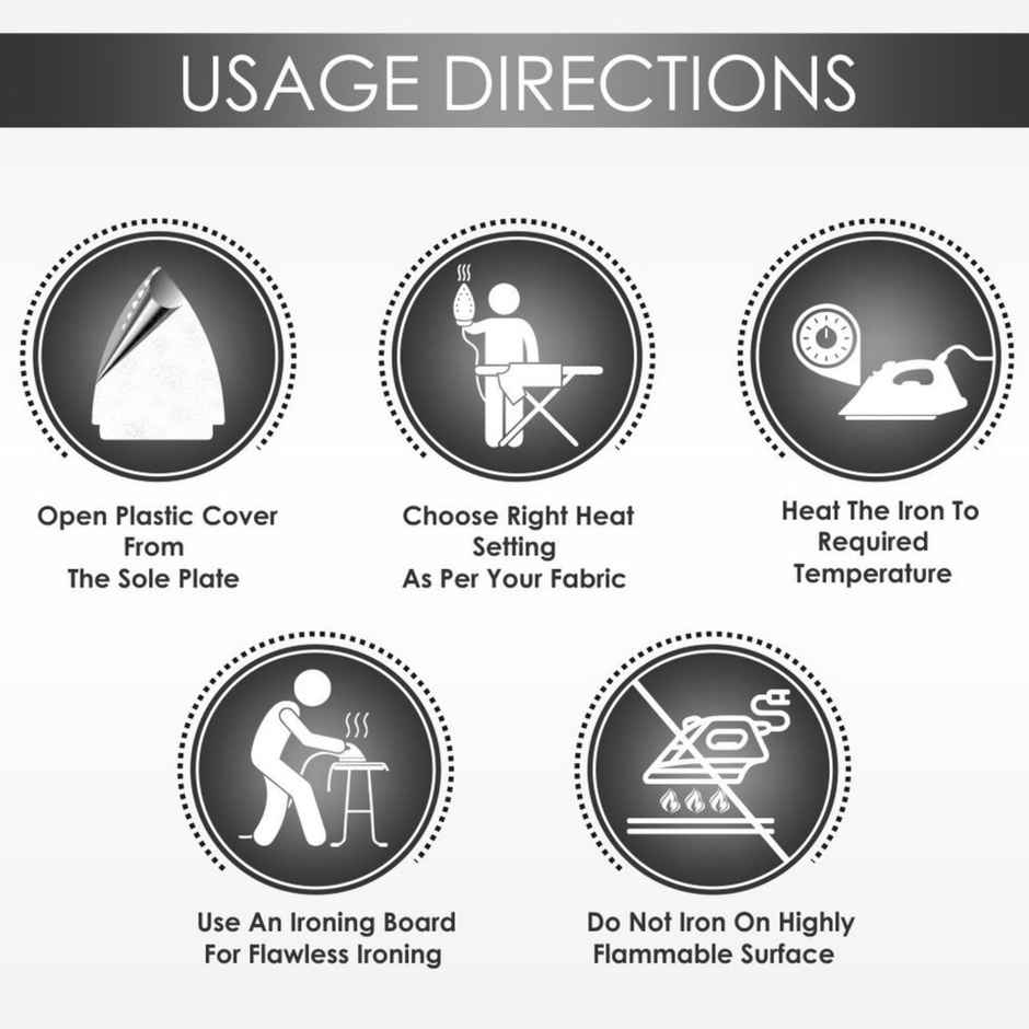 Usha Dry Iron 1602 (1000W) Non-Stick PTFE Coated Soleplate With 180 Degree Swivel Cord - Grey