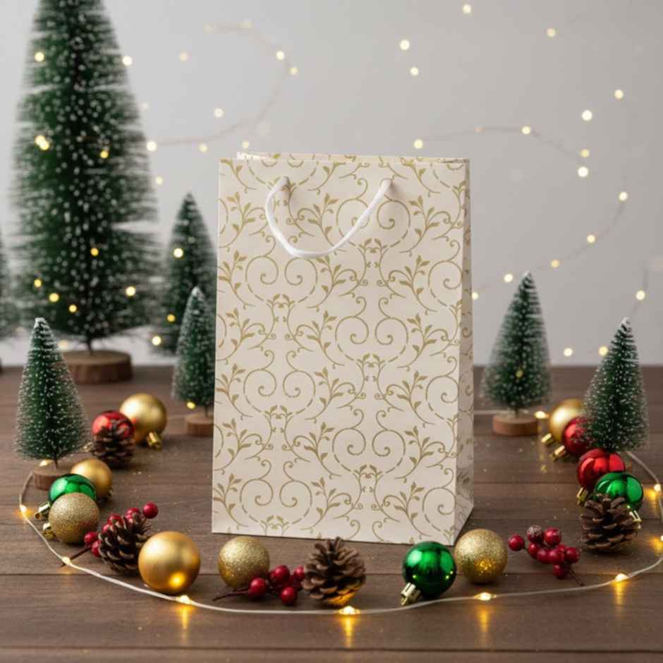 Itsy Bitsy Gift Bags Floral Swirls Ivory Shimmer L33.5 x W21.5 x D9.2cm Gol