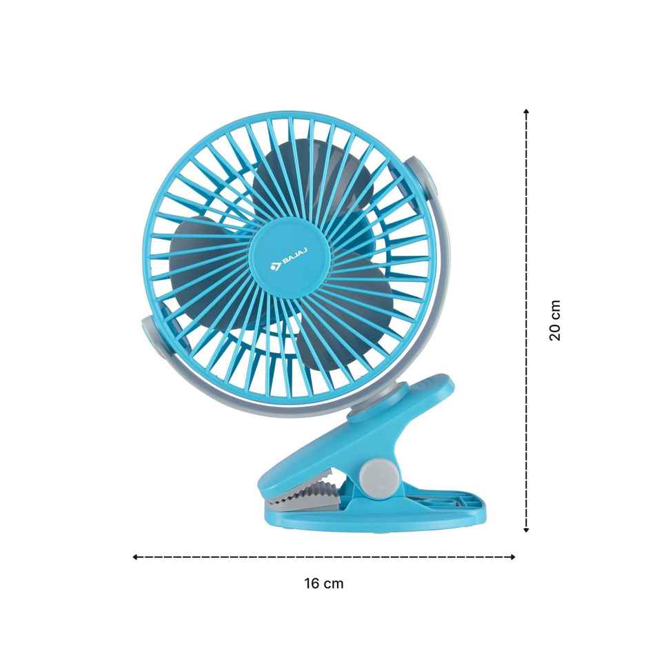 Bajaj Pygmy Mini Fan 110MM | USB Charging | Multi-Clip Function | Rechargeable | 4-Hr Back-up, Blue