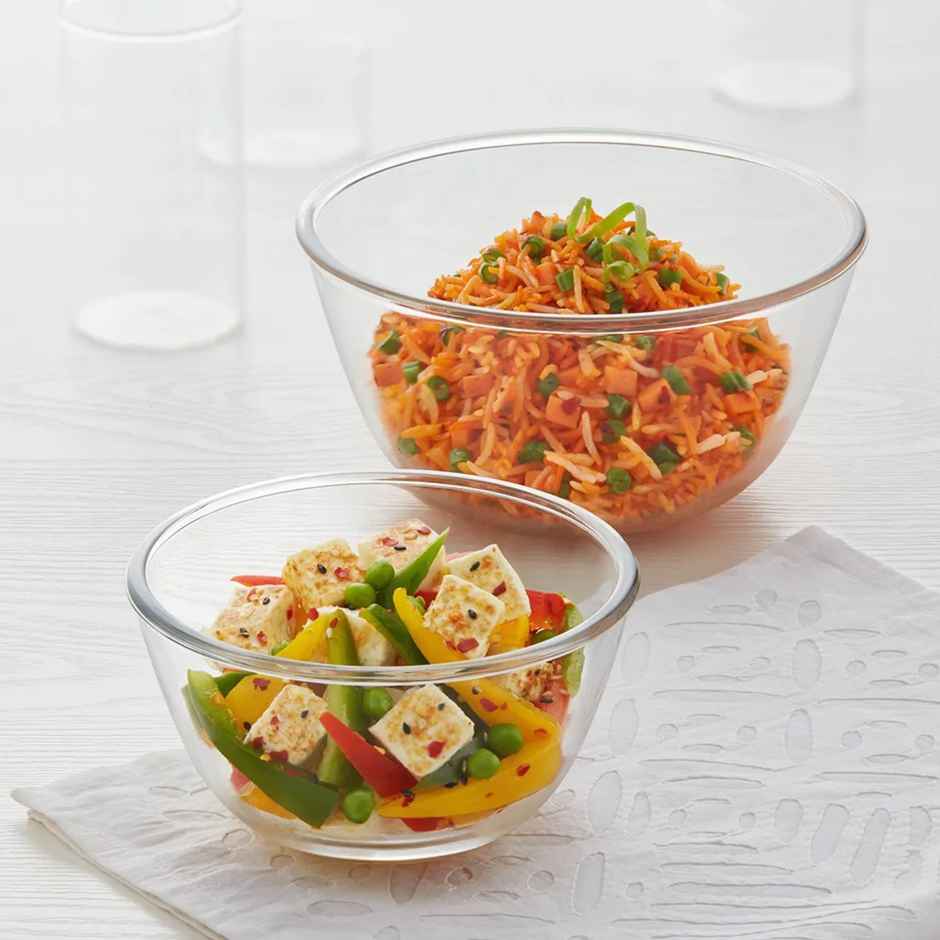 Borosil Mixing Bowl Set (500 ml + 1.3 L)| Borosilicate Glass | Microwave & Dishwasher Safe