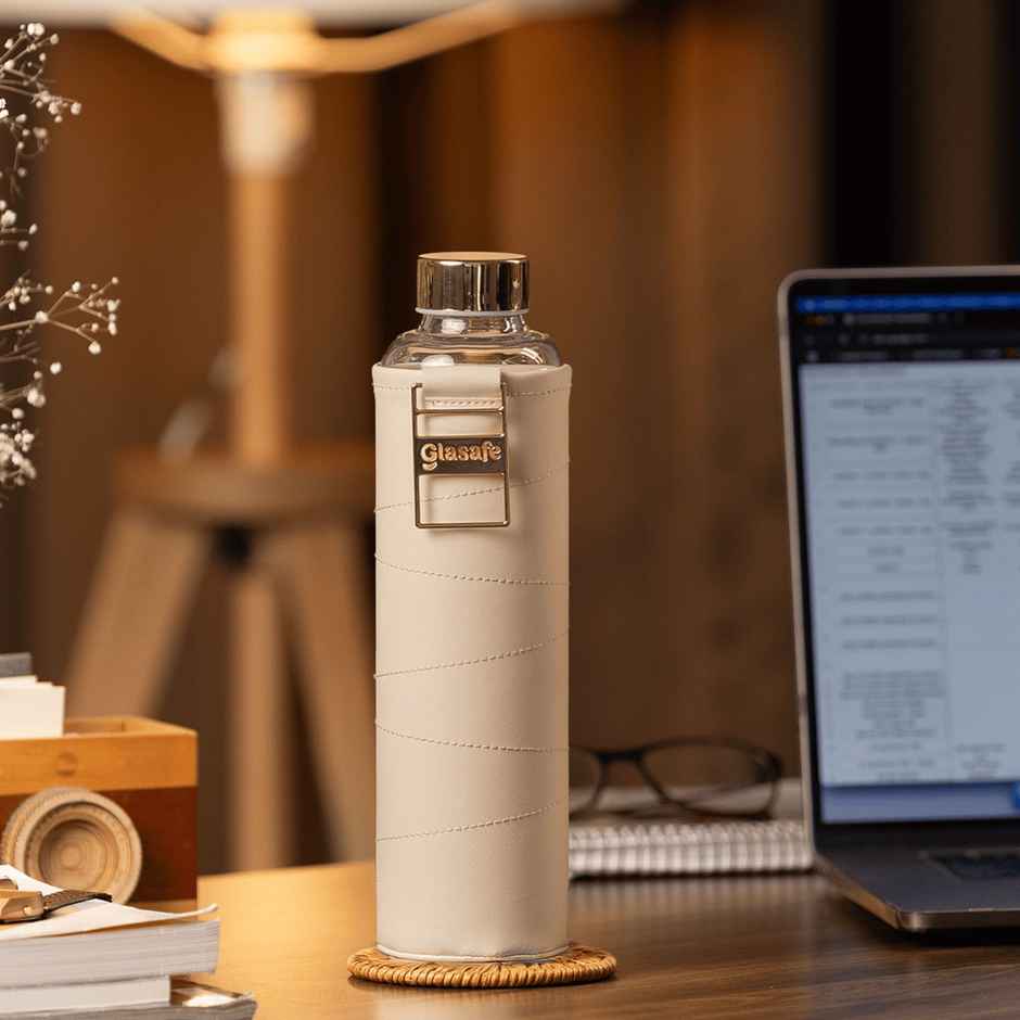 Glasafe Vego Sip Borosilicate Glass Bottle With Protective Vegan Sleeve | Bare Beige 750 ml