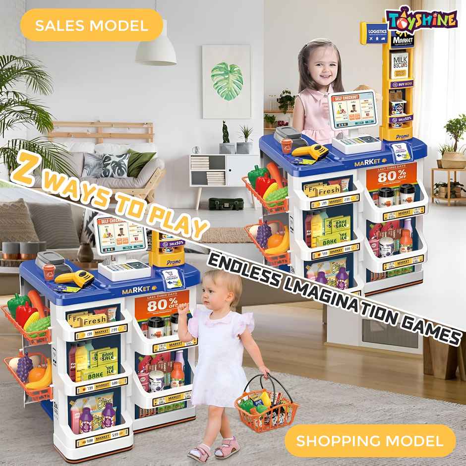 Toyshine 60Pc Supermarket Cash Register Playset With Scanner and Pretend Play Foods