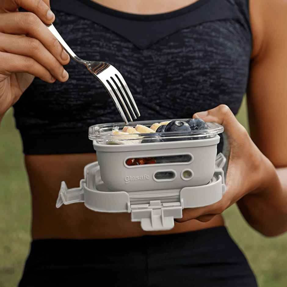 Glasafe Fresh Grip Borosilicate Glass Tiffin With Protective Silicone Sleeve (Soothing Slate) 520Ml