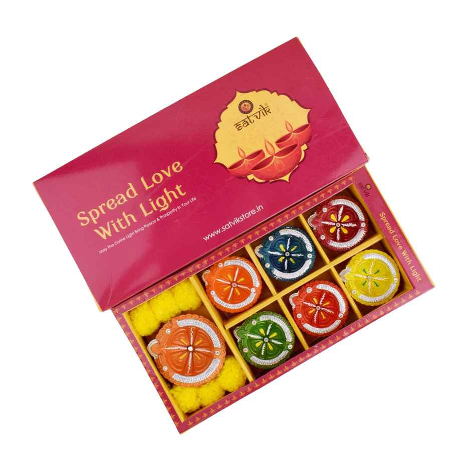 Designer Multicolor Clay Diya | 6+1 | Designer Diya | Satvik