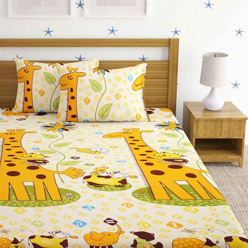 Hosta Homes Double Glaced Cotton 220 Gsm Bedsheet, 2 Pillow Covers | Giraffe design | 90 x 100 in