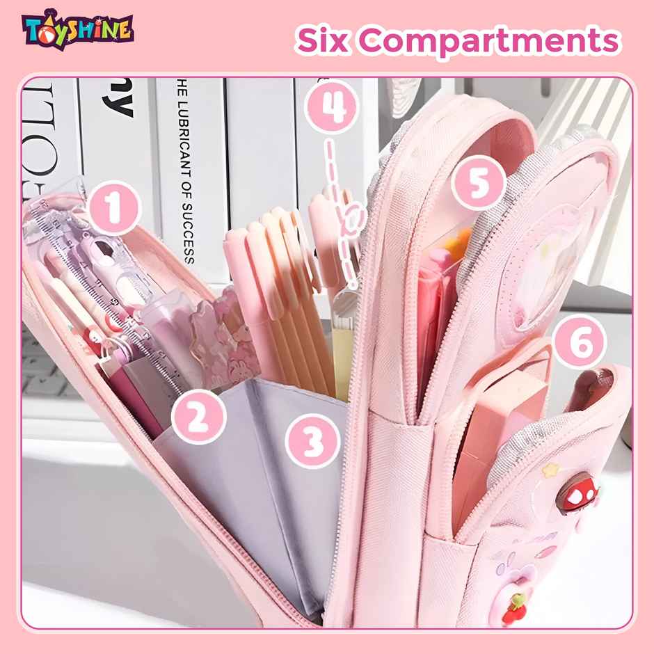 Toyshine 3 Layer Large Capacity Handheld Multifunctional Pencil Pouch for School Kids - Pink